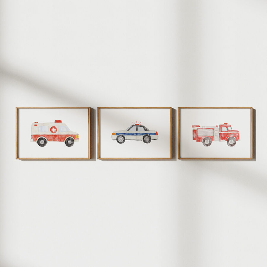 plakat trzech samochodów namalowanych w stylu akwarelowym, straż pożarna, policja, pogotowie