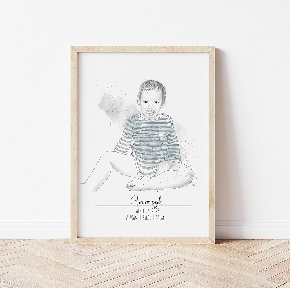 narysowany chłopiec ze zdjecia na obrazk z data jego urodzenia