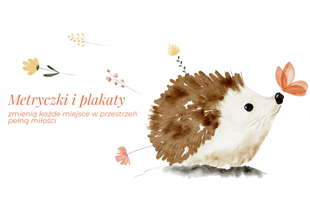 mały jeżyk malowany akwarelą z wiosennymi kwiatkami