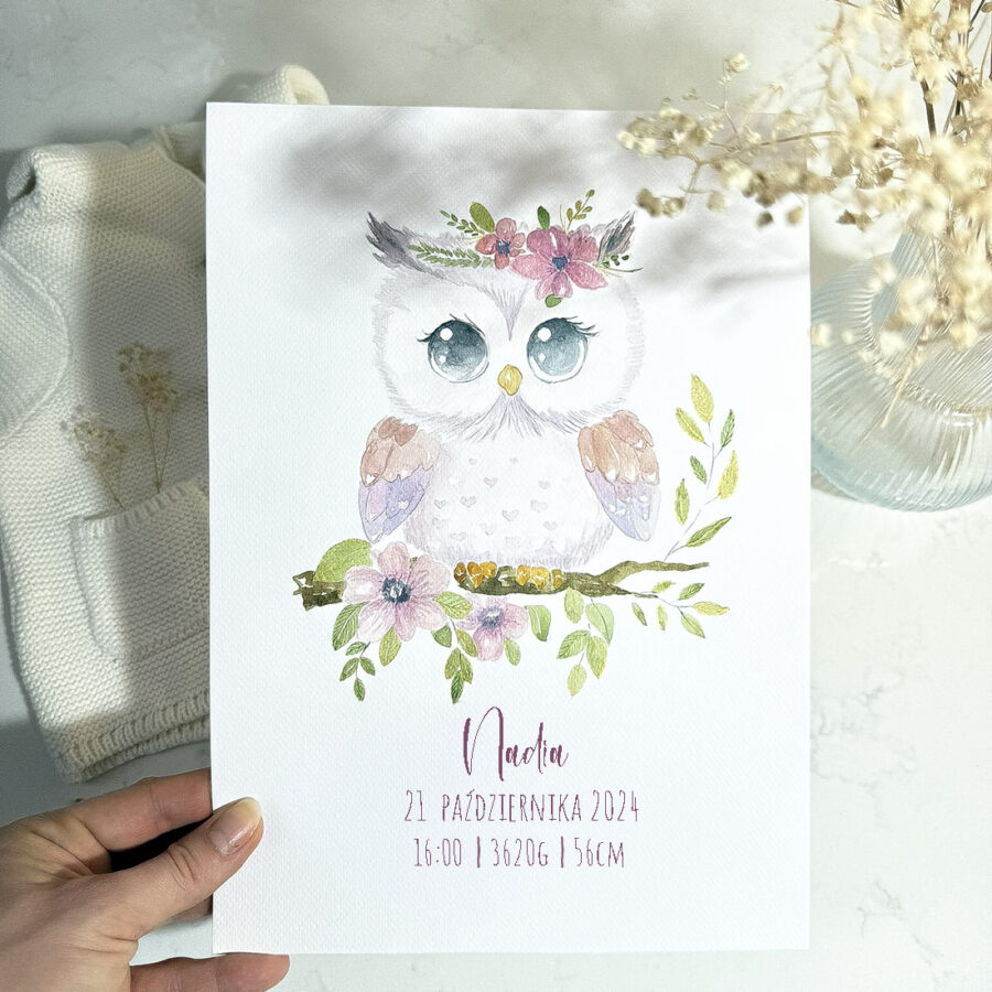 metryczka ręcznie robiona z różową sową