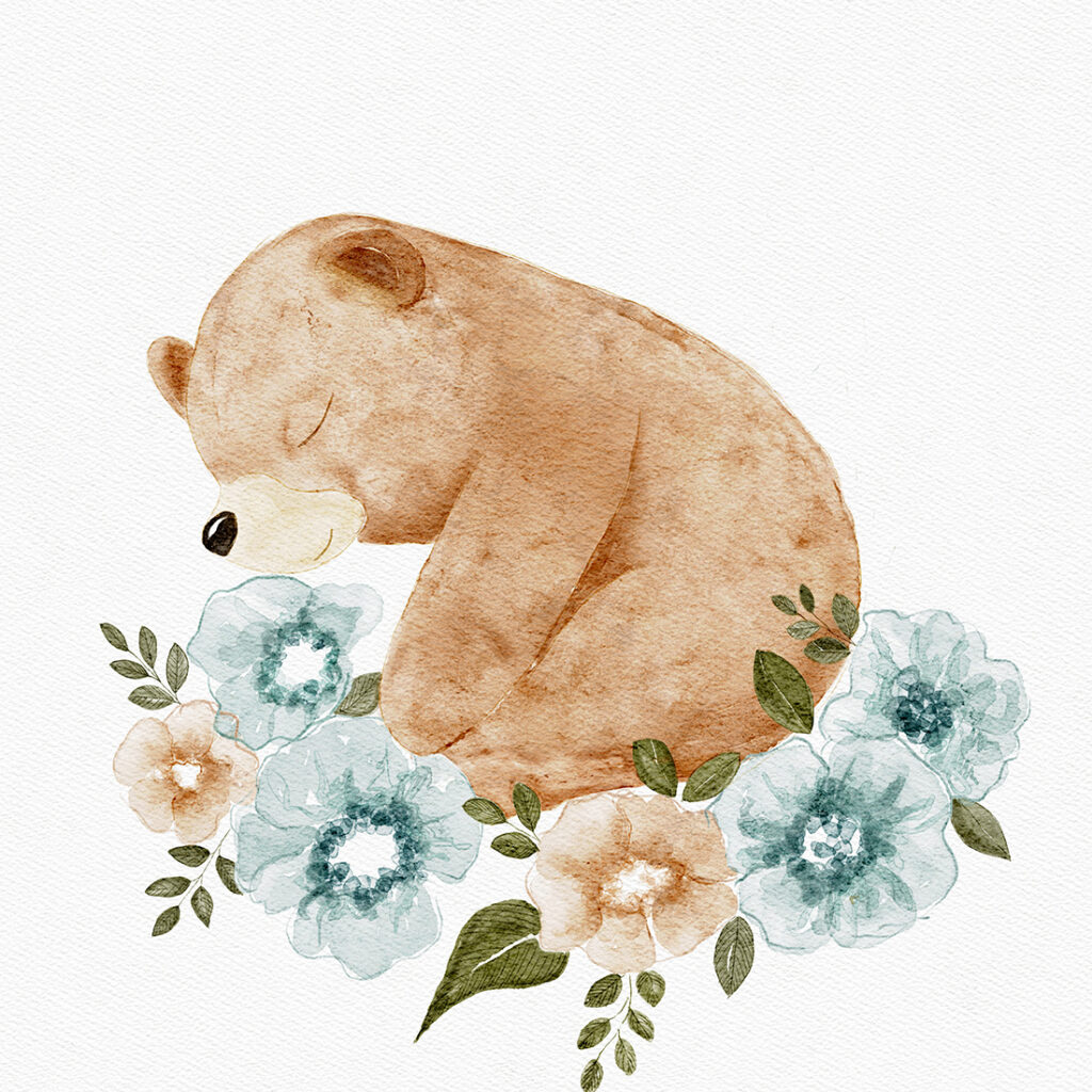 ilustracja śpiącego misia w kwiatach.