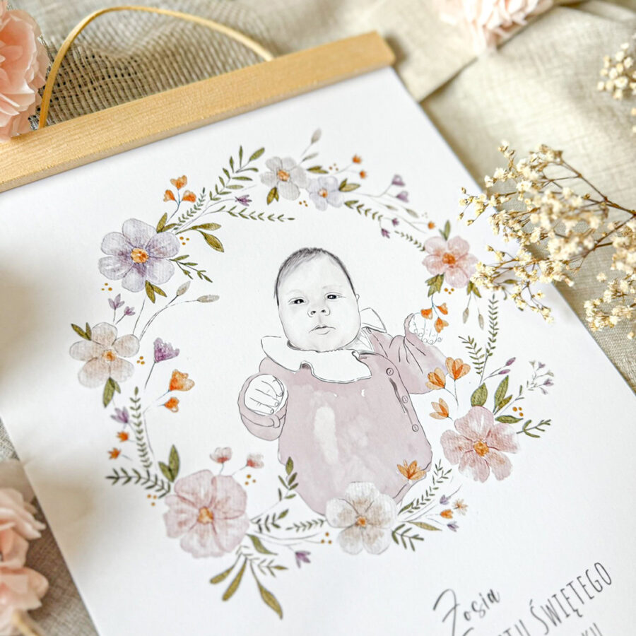 Plakat z wizerunkiem dziecka, które jest otoczone wiankiem z polnych kwiatów.